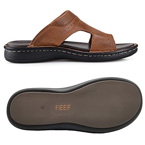 FIEEIF Men's Leather Slides Open Toe Outdoor Slippers Comfort Arch Support Retro Casual Flip Flops Summer Fisherman Slip On Sandals for Men4