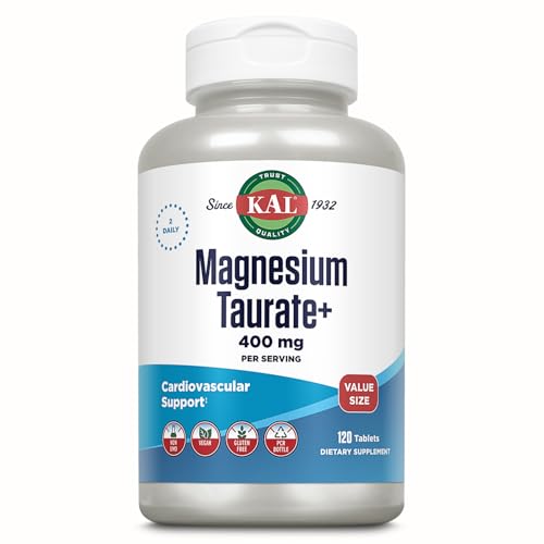 KAL Magnesium Taurate 400mg Plus Vitamin B6 Chelated Magnesium Supplement High Absorption Magnesium Complex Muscle and Heart Health Support Vegan Gluten Free 60-Day Guarantee 60 Serv 120 Tabs