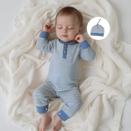 Newborn 3 6 9Months Baby Boy Romper Stripes Onesie Long Sleeve Jumpsuit Coming Home Outfit Infant Boy Clothes with Hat2