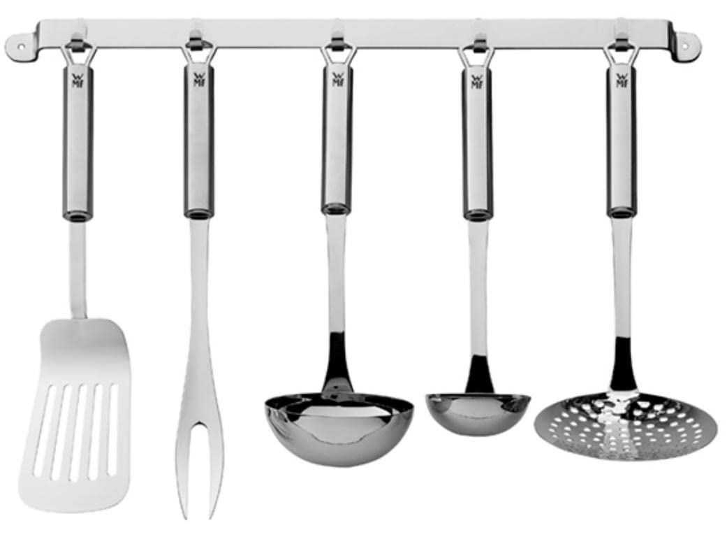 WMF Profi Plus Küchenhelfer Set 6-teilig, Hängeleiste mit 5 Helfer, Schöpflöffel, Schaumlöffel & Profi Plus Kartoffelstampfer 28,5 cm, Cromargan Edelstahl teilmattiert, spülmaschinengeeignet