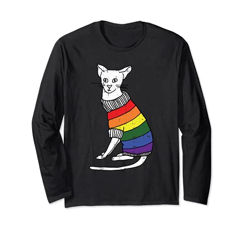 Gay Cat Pride Rainbow Cute Kitten Kitty Proud LGBT-Q Ally Long Sleeve T-Shirt, Black