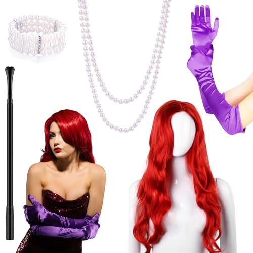 Matiniy Halloween Rabbit Costume Accessories Include Red Wig Purple Gloves Necklace Bracelet Plastic Holder for Women Girls Cosplay Party