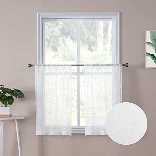 Tollpiz Leaves Short Sheer Tier Curtains White Leaf Embroidery Kitchen Half Curtain Rod Pocket Voile Faux Linen Embroidered Leaves Curtains For Bathroom, 30 X 24 Inches Long, Set Of 2 Panels #TOP29