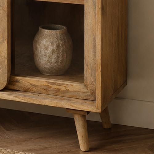 Image of The Attic INES Cabinet, Coffee Table for Living Room, Solid Wood Centre Table with Cane with Sliding Doors, Natural Finish