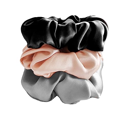 3 Pack Large Silk Scrunchies | Pink Silver Black Scrunchies For Women Silk Scrunchies For Thick Hair Scrunchies For Women Thick Hair Curly Hair Scrunchies Extra Large Scrunchies For Hair Handmade #TOP2