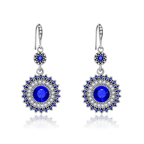 AILUOR Vintage Round Blue Sapphire Sunflowers Dangle Earrings, Women's Unique Retro Colorful Ethnic Bohemian Earrings Jewelry for Women