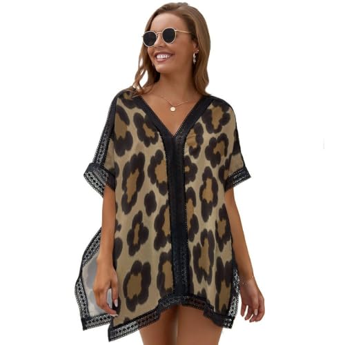 Textura Guepardo Salvaje Conjunto Y Pareos Playa Mujer Estampado Leopardo Retro Ropa Playa Mujer Cubrebaños De Gasa Ligero Y Transpirable con Cuello En V, Aberturas Laterales Y Mangas Murciélago