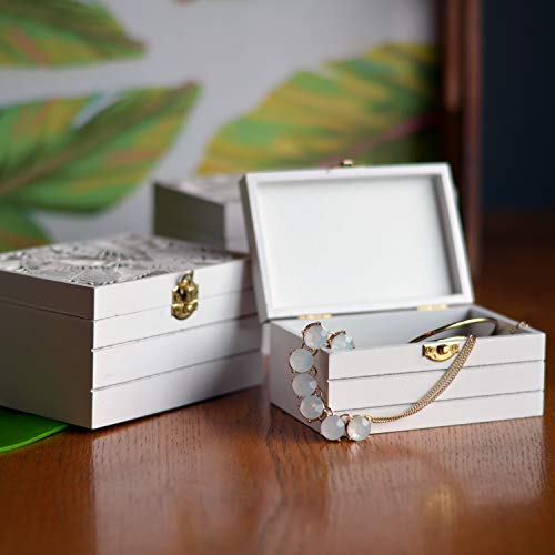 Botanical Sedona Boxes, Set Of 3, Cutout 3-D Leaf Details, Brass Metal Latches, Hinged Top, Smooth Brown Interior, White, Mdf Wood, 1- Large 6 L, 2- Medium 5 L, 3- Small 4.75 Inches #TOP2