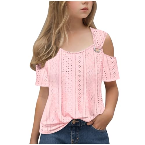 2025 Girls Shirts Soft Crewneck Off The Shoulder Eyelet Blouses Short Sleeve Basic Comfy Trendy Solid Color Tunics2