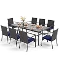 PHI VILLA 9 Pieces Outdoor Dining Set for 8, Rectangle Large Metal IronTable with Umbrella Hole & Cushioned Wicker Chairs, Large Dining Furniture for Patio, Deck, Yard, Porch