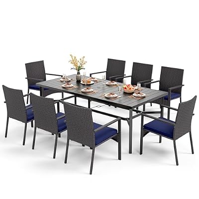 PHI VILLA 9 Pieces Outdoor Dining Set for 8, Rectangle Large Metal IronTable with Umbrella Hole & Cushioned Wicker Chairs, Large Dining Furniture for Patio, Deck, Yard, Porch