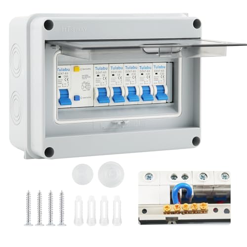 4 Way Consumer unit Circuit Breaker, Garage unit with Assembly Tool, 63A 30mA RCD 4MCB 2x6A+10A+20A+32A, IP65 Anti-Leakage Fuse Box for Garages Caravans Workshops