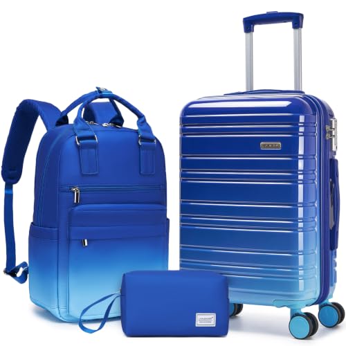 Image of LARVENDER Carry on Luggage 22x14x9 Airline Approved Hardshell Suitcase with Wheels TSA Lock, PC+ABS Lightweight Suitcase Set for Women with Travel Backpack, Navy Glow, 3 Piece Set