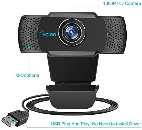 vcloo Webcam 1080P Full HD con Microfono - PC Portatile Desktop USB 2.0 Videocamera per Videochiamate, Studio, Conferenza, Registrazione, Gioca a Giochi e Lavoro a casa