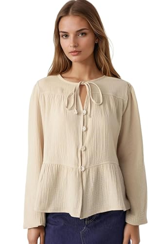 Hiccup Crew Neck Long Sleeve Woven Muslin Blouse