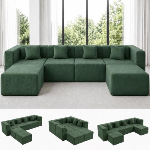 Image of MONVANE 130 inch U-Shaped 6 Seat Modular Sectional Cloud Couch, Forest Green | Sectional Couches for Living Room, High Supportive Backrests, Movable Ottomans, Deep Seat, No Assembly Required