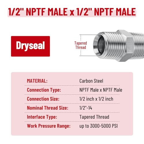 Image of 10 Pack Hydraulic Adapter Fitting: 1 /2 inch NPTF Male x 1 /2 inch NPTF Male | Carbon Steel Hydraulic Hose Crimp Connectors with Protective Cover, Cone Seat Tapered Thread