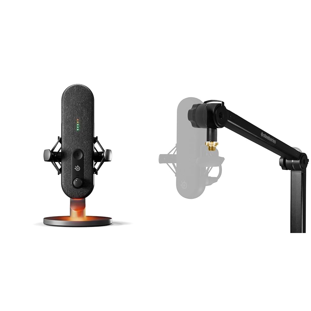 SteelSeries Alias USB-Mikrofon für PC Streaming und Podcasting – KI-gestützte Geräuschunterdrückung – LED-Stummschalttaste + Pegelüberwachung – Stoßdämpfer + Pro Mikrofon-Schwenkarm