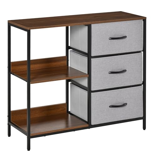 HOMCOM Cómoda Cajonera de Tela con 3 Cajones Plegables y 2 Estantes Estilo Industrial para Dormitorio Salón Pasillo 80x29x71 cm Nogal y Gris Claro