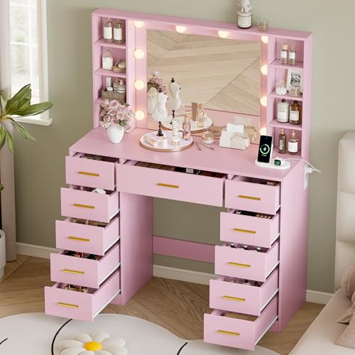 Image of Wodeer Makeup Vanity with Drawers, 43 inch Pink Vanity Desk with Mirror and Lights, 11 Drawers & 4 Shelves, Power Outlet & Adjustable LED Lights, Dressing Table for Women & Girls Bedroom
