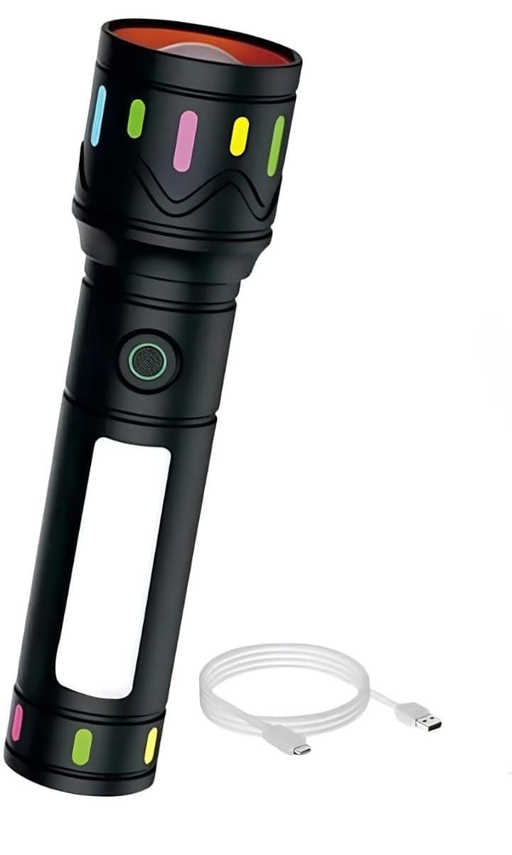 rl-m34 super bright 100w led torch | rechargeable flashlight with 6 modes | zoomable focus | type-c fast charging | ideal for home, camping & emergency use