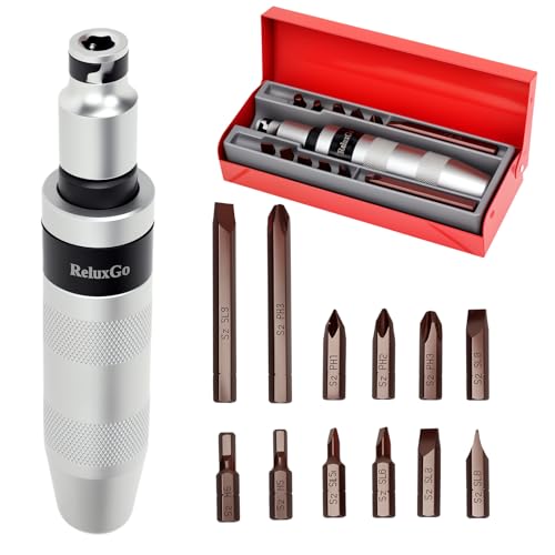 ReluxGo 1/2 Hand Manual Impact Driver Manual Reversible Impact Hammer Screwdriver Set Includes 12-Piece Slotted Phillips Hexagonal Bit Set for Removing Rusted Fasteners or Frozen Bolts