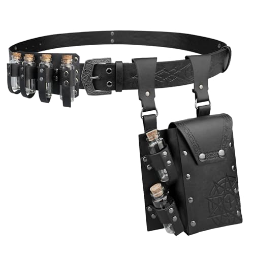 EpicCos 3 PCs Medieval Alchemy Belt Waist Pack Combo with Multiple Potion Bottles, Viking Rivet Belt Side Pouch for Cosplay (Black D)