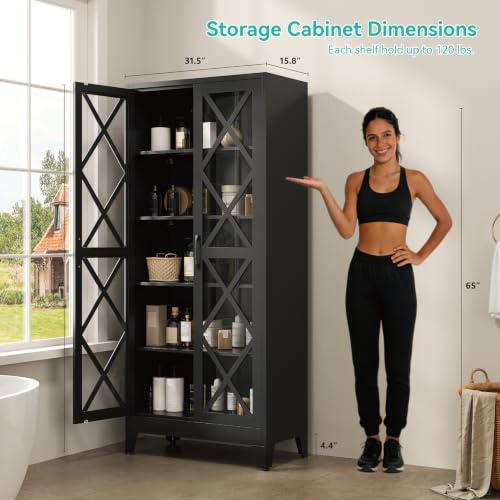 Image of Metal Storage Cabinet with Glass Doors and Adjustable Shelves | 71 inch Tall Pantry Cabinet for Kitchen Dining Room Bathroom Garage,Black,1 Pce