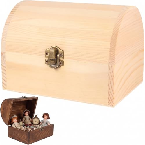 Image of DOITOOL Wooden Box with Hinged Lid 6.3x4.5x4.7 Inch Unfinished Wood Treasure Chest for DIY Crafts & Gifts, Small Wooden Jewelry Storage Box, Plain Pinewood Keepsake Case for Home Party Wedding Decor