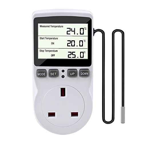 CJBIN - Digital Thermostat Plug, CJBIN LCD Thermostat Temperature Controller Socket Outlet 230V with 1.8m Sensor Probe, Heating Cooling Thermostat Controller for Greenhouse Reptile Terrarium Aquarium