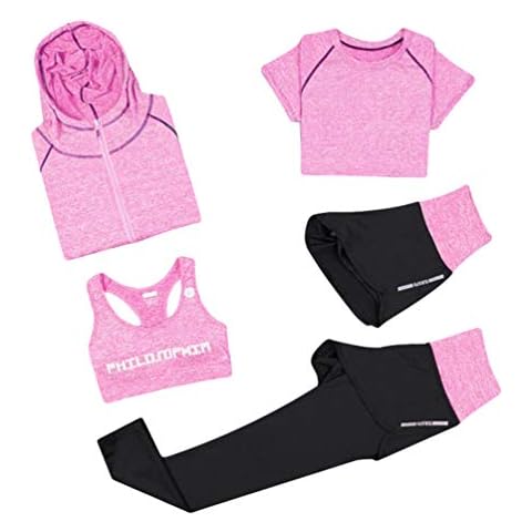 Xinwcang Women's Gym Outfit Sweatsuit 5 Piece Set Breathable Workout Sports Wear Quick Drying Running Suit Yoga Set Pink 2XL Cover