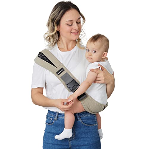 Image of AUYEAZGO Toddler Sling, Ergonomic Baby Sling Carrier with Adjustable Strap, Soft Padding & Non-Slip Hip Seat, Perfect for Infant and Toddler(7-44 lbs), Premium Cotton, Casual Khaki