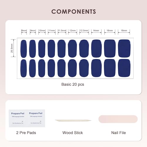 KHARITA Semi Cured Gel Nail Strips – Real Gel Nail Polish UV Wraps for Brittle Nails | Waterproof Long Lasting Easy Peel-Off Removal | Hema-Free | 20-Piece Navy Solid Blue Salon Kit with File & Stick