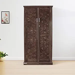 Platinum Wood Decor Solid Sheesham Wood Pyramid Cut Almirah/Wardrobe/Cabinet/Cupboard/Bookshelf with 6 Shelves and 1 Drawer, Pre-Assembled, Black Walnut Finish