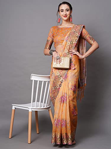 Image of AKHILAM Women's Ikat Linen Saree With Blouse Piece