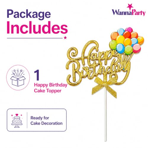 Image of Wanna Party Happy Birthday Cake Topper, Gold Script Balloon Design with Bow, Multicolor Birthday Cake Decoration Pick for Kids, Adults, Party Cakes & Dessert Table - 1PC