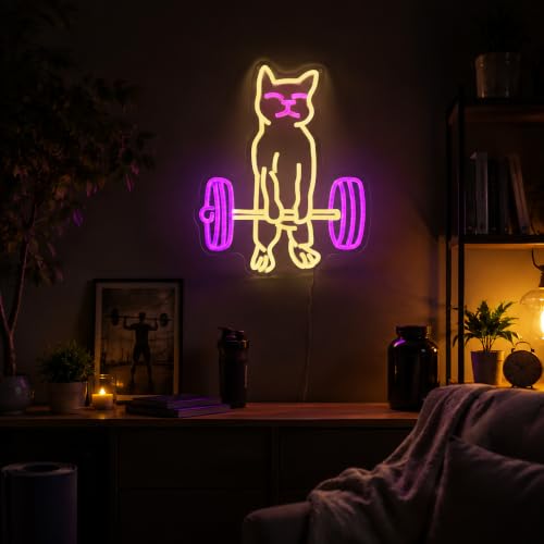 Image of Cat Lifting Weight Neon Sign Led Gym Lighting for Home Gym wall Decor gift