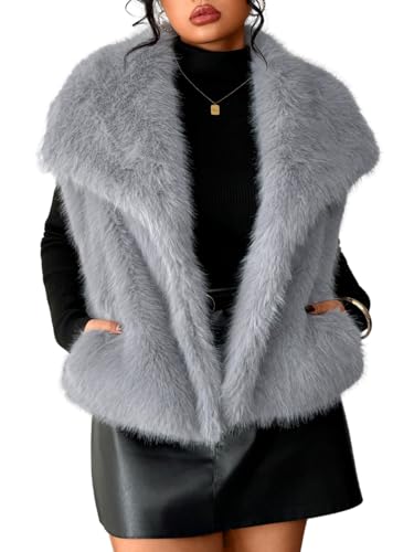 ChiaoLezhee Womens Faux Fur Lapel Fuzzy Vests, Sleeveless Fluffy Collar Jacket with Pockets, Warm Winter Outerwear Plus Size, Light Gray, Medium