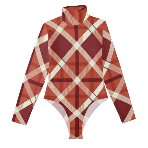 Body de manga larga para mujer a cuadros rojos camisetas moldeadoras cuello alto falso GuoChe