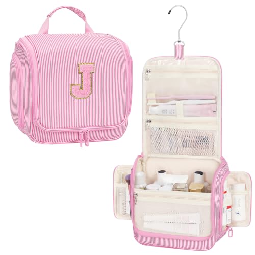 Relavel Hanging Toiletry Bag for Women, Travel Makeup Bag for Girls Kids Gifts Personalized Initial Toiletry Pouch Shower Bag, Travel Essentials Birthday Gifts for Teen Girls, Pink J