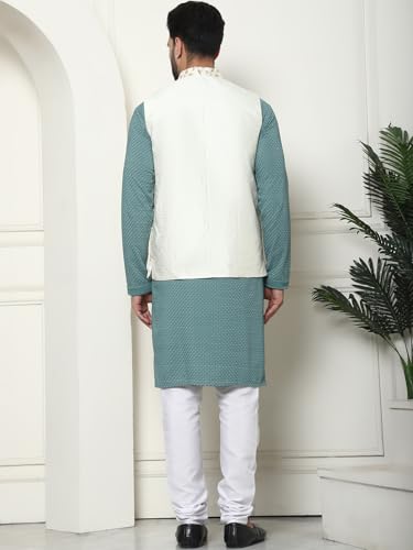 Image of SOJANYA (Since 1958 Men's Pure Cotton Sea Green Kurta and White Pyjama with Embroidered Cream Nehru Jacket