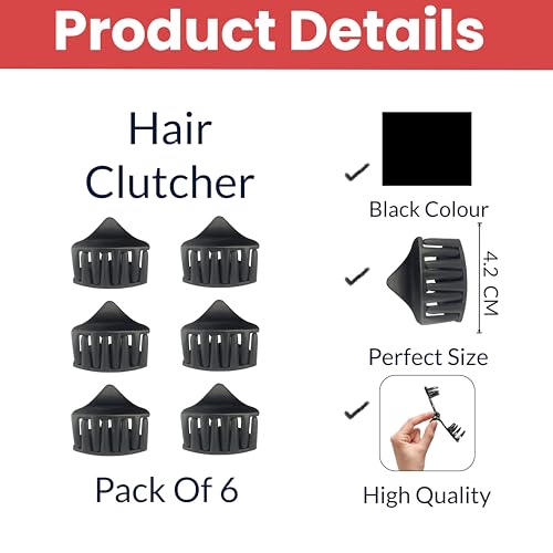 Image of TEMPERIA (6 pcs) Hair Clips for Women & Girls - Clutcher Clutches Claw Clip Accessories - Stylish, Fashional (Black) (DN07)