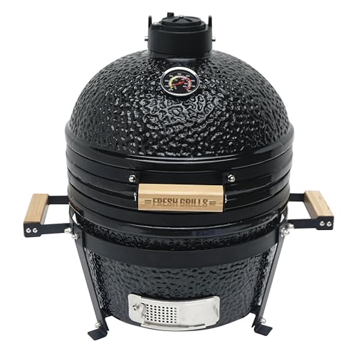 Kamado Grill 41cm Portabler Keramik-Holzkohle-Mini-Grill & Räucherofen mit Stahlständer Schwarz Tragbarer Gartengrill Räuchergrill Backen und Grillen 10–400°C, Thermometer Zubehörset Regenschutz