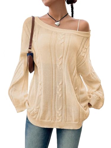 Image of SKAYS Oversized Fall Sweaters for Women, Oversized Cable Knit Sweater Off Shoulder, Solid Color Crew Neck Sweater