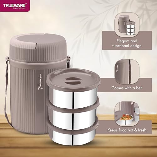 Image of Trueware GRUB 2 Double Wall Insulated Hot Lunch Box with 2 SS Container 300 ML Each & 1 SS Container 200ML | Bpa Free | Food Grade | Hot and Fresh Ma (LBI-GRB-002-Peach BAZ)