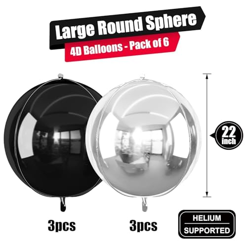 Image of Black Silver Round Foil Balloons Birthday Prom Decor 22 Inch 6 Pcs | Metallic 4D Helium Ball Balloons for Graduation Christmas New Year Eve Disco Party Backdrop Decorations
