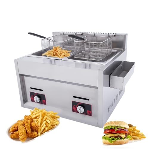 Freidora de gas comercial para encimera, freidora industrial de acero inoxidable con cesta y tapa para restaurantes y bares de aperitivos