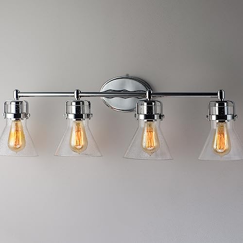 Image of Maxim Lighting Seafarer 4-Light Bath Vanity Light | Polished Chrome Steel Finish | Seedy Glass Shade | Industrial Indoor Light Fixture | Ideal for Bathrooms & Powder Rooms | Dimmable | 26114CDPC