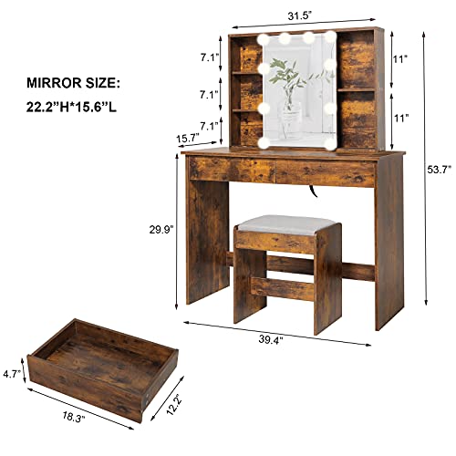 Usikey Makeup Vanity Table With Lighted Mirror, Vanity Desk With Sliding Mirror & 2 Drawers, 10 Led Lights, 3 Color Lighting Modes, Brightness Adjustable, Bedroom Vanity Table For Women, Girls, Brown #TOP7