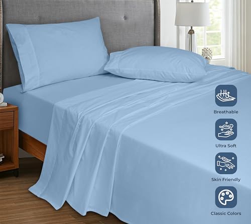 Image of Royale Linens 100% Organic Cotton Queen Flat Sheet Only - Super Soft - Percale Top Sheets - Queen Flat Sheet Sold Separately - Breathable, Cool & Crisp Lake Blue Sheets Only (90 inch x 102 inch, Lake Blue)